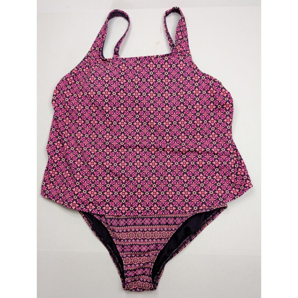 Lands' End Blouson One Piece Swimsuit Purple & Pink Geometric Women's Size 12